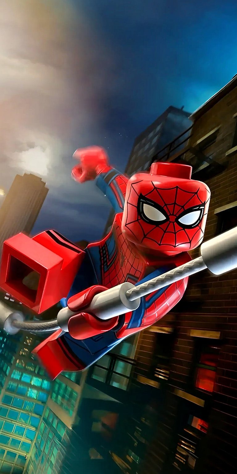 Download this incredible Lego Spiderman 4K wallpaper for your iPhone! This striking wallpaper features Spiderman in Lego form, soaring against a backdrop of skyscrapers and the digital time display.