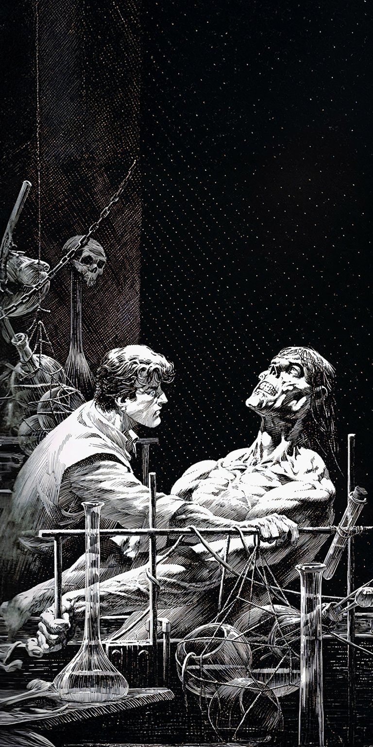 An iconic, highly detailed illustration by master artist Bernie Wrightson, capturing the moment Victor Frankenstein recoils in horror from his newly created creature in the laboratory. This art is from the celebrated 1983 illustrated edition of Mary Shelley's Frankenstein. Perfect for fans of classic horror and gothic aesthetic art. Works beautifully on iPhone, Android, and AMOLED displays.