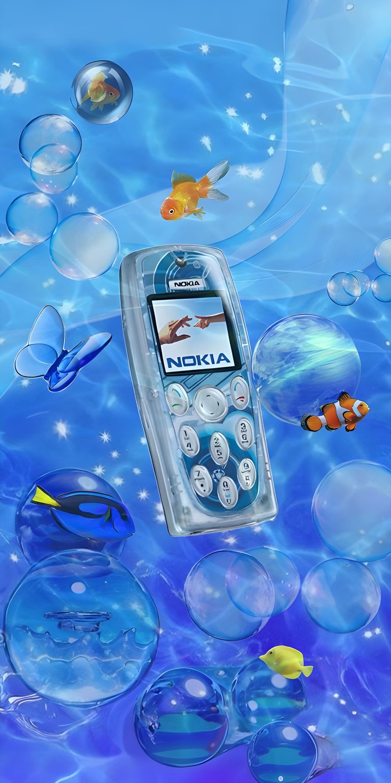 Download this Nokia wallpaper in stunning 4K resolution for your iPhone. This wallpaper features a translucent Nokia phone surrounded by bubbles and colorful fish like Nemo and Dory.