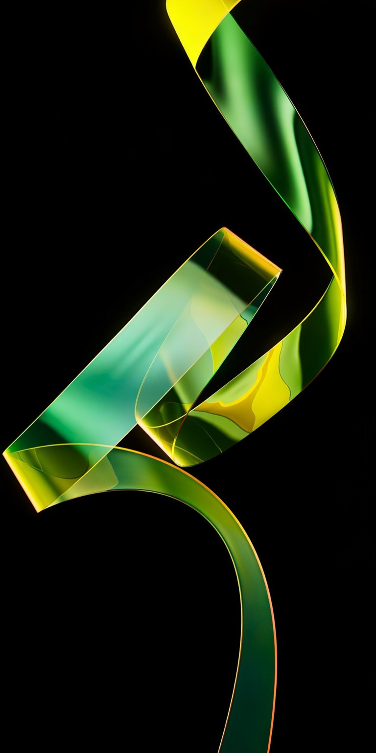 Download this stunning abstract ribbon 4K wallpaper for your iPhone, showcasing a vibrant green and yellow color palette. This unique wallpaper features a flowing, translucent ribbon on a clean black background.
