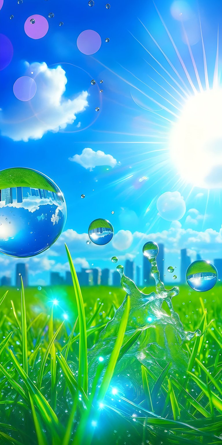 Download this beautiful nature water 4K wallpaper for your iPhone, showcasing glistening water droplets suspended mid-air and a city reflected in floating bubbles. This vibrant wallpaper captures the essence of nature's beauty, and bright green blades of grass.