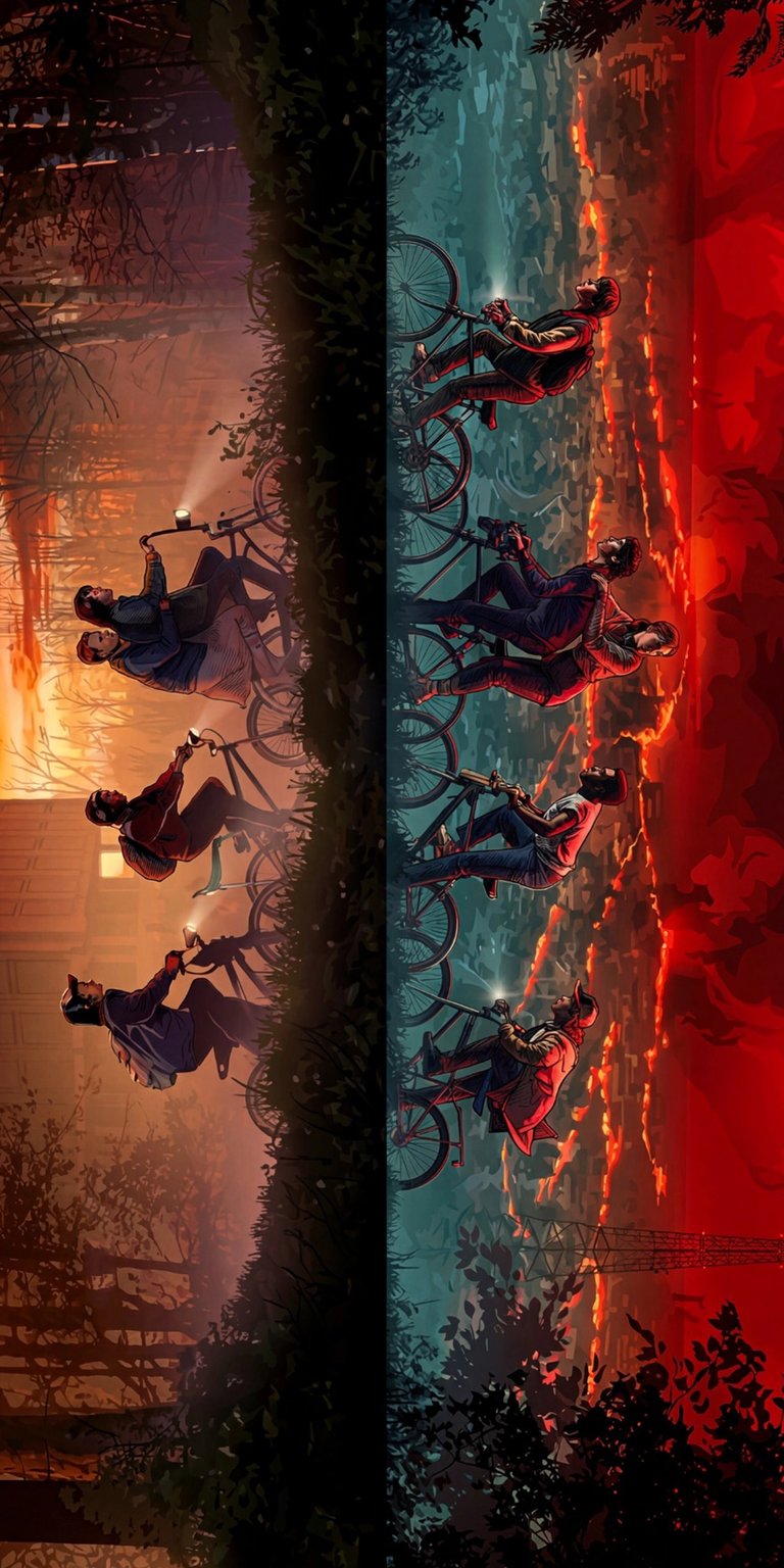 Get this Stranger Things wallpaper in stunning 4K for your iPhone, showcasing the iconic bikes, the flashlight beams cutting through the darkness, and the contrasting red and blue hues dividing the image. This wallpaper will transform your device.