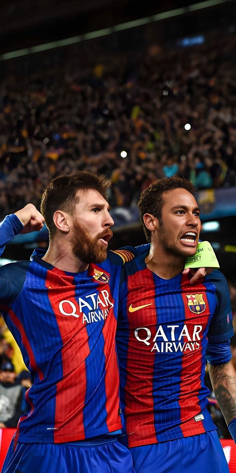 This 4K wallpaper features Lionel Messi and Neymar Jr. in a high-energy celebration for FC Barcelona. Optimized for iPhone, this aesthetic wallpaper captures intense emotion and vivid stadium lighting against a cheering crowd.