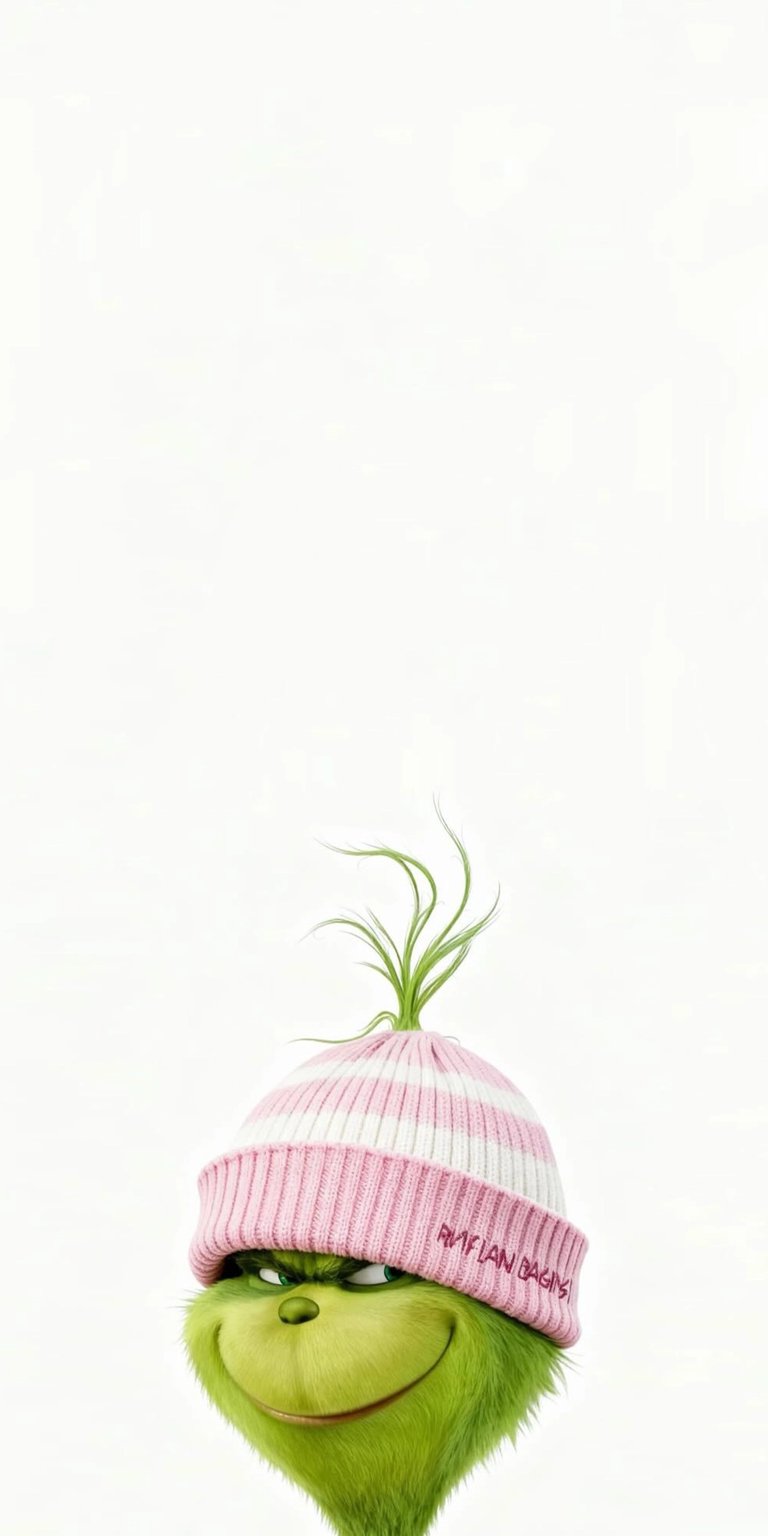 Download this amazing The Grinch 4K wallpaper for your iPhone, showcasing his sly grin and pink striped hat. This eye-catching wallpaper highlights his green fur and mischievous expression.
