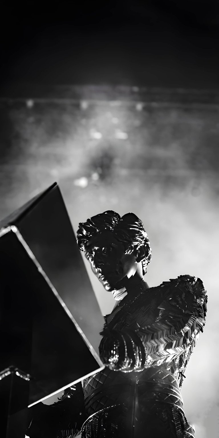 A striking 4K wallpaper featuring a metallic figure in intricate, reflective armor against a misty, high-contrast backdrop. This OLED / AMOLED wallpaper is optimized for iPhone to highlight deep black levels and sharp silver textures.