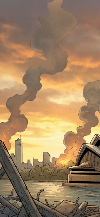 Experience the epic Earth X Universe with this stunning 4K wallpaper! Featuring a figure in a blue suit standing amid the ruins, with the Sydney Opera House and smoking buildings as visual details, this wallpaper is perfect for your iPhone.