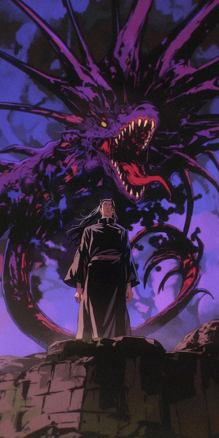 Download this stunning Suguru Geto 4K wallpaper for your iPhone, featuring a fearsome purple dragon-like Curse with bright yellow eyes and a long, red tongue. This detailed wallpaper captures Geto in his signature black robes, standing defiantly on a stone precipice.