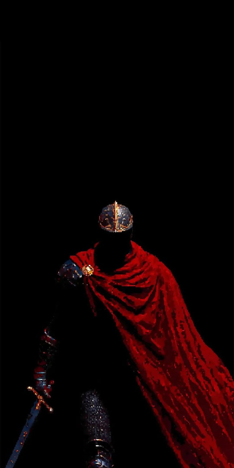 Knight Static Wallpaper featuring a shadowed armored figure, glowing sword edge, and a flowing red cape against a deep black background. This OLED / AMOLED wallpapers style creates intense contrast and dramatic lighting, making the wallpaper perfect for iPhone lock screen and home screen setups.