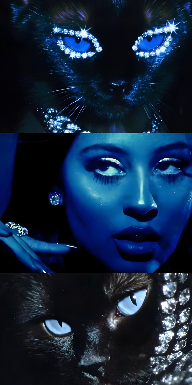 Alexa Demie cat aesthetic wallpapers presented as a cinematic portrait wallpaper designed for iPhone. This wallpaper features deep blue tones, dramatic low lighting, and sparkling highlights for a moody, surreal aesthetic wallpaper experience.