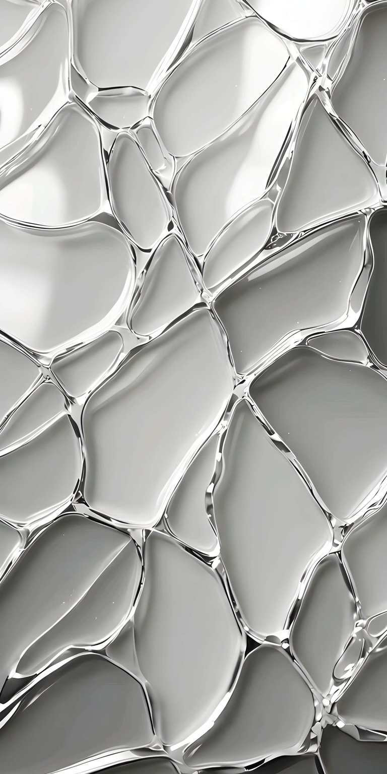 Download this stunning abstract 4K wallpaper for your iPhone, showcasing a mesmerizing array of interconnecting shapes with reflective edges. This gorgeous wallpaper features tones of pearl and pewter forming a complex organic cell structure.