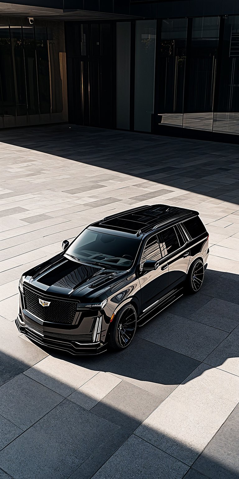 Cadillac Escalade 4K wallpaper featuring a bold black luxury SUV in a modern architectural setting. This aesthetic wallpaper highlights sharp body lines, glossy finish, and dramatic shadows, perfect for iPhone lock screen and home screen setups.