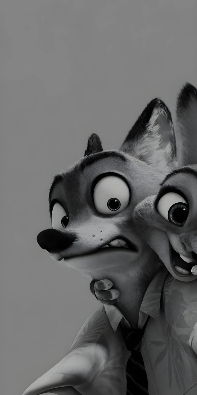 Download this Nick Wilde 4K wallpaper for your iPhone! This greyscale wallpaper captures Nick's alarmed expression, visible teeth, and office attire.