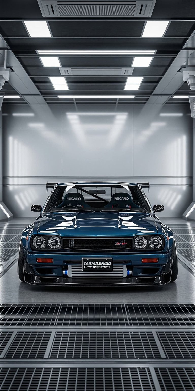 This 4K wallpaper features a modified classic Nissan Skyline in a sleek, high-tech garage setting. Perfect for your iPhone, this aesthetic wallpaper showcases deep blue paint, a prominent intercooler, and cinematic overhead lighting.