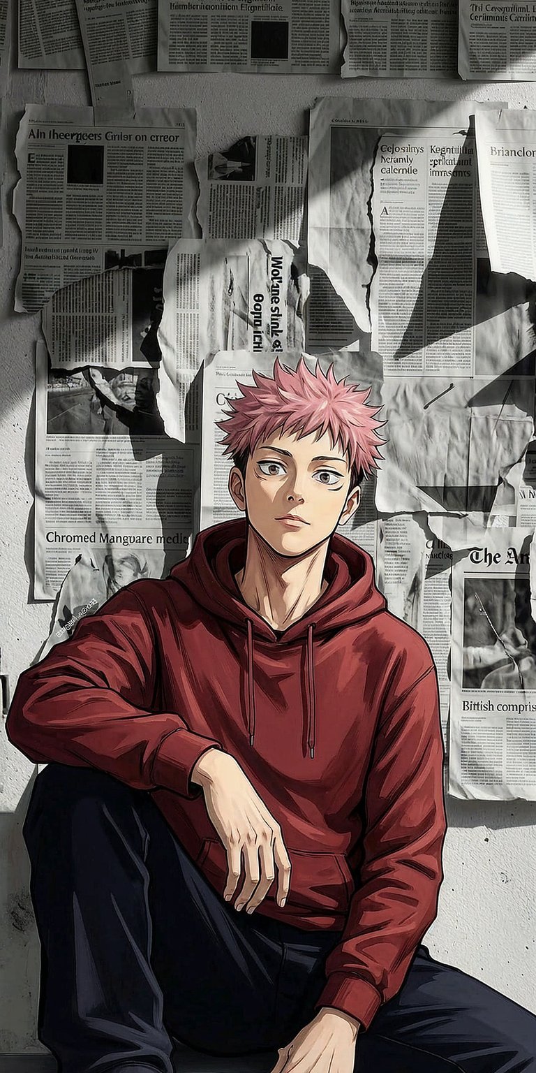 Download this vibrant Yuji Itadori 4K wallpaper for your iPhone, featuring a cool manga character against a backdrop of newsprint. This stunning wallpaper captures Itadori's calm demeanor, enhanced by his pink hair and stylish red hoodie.