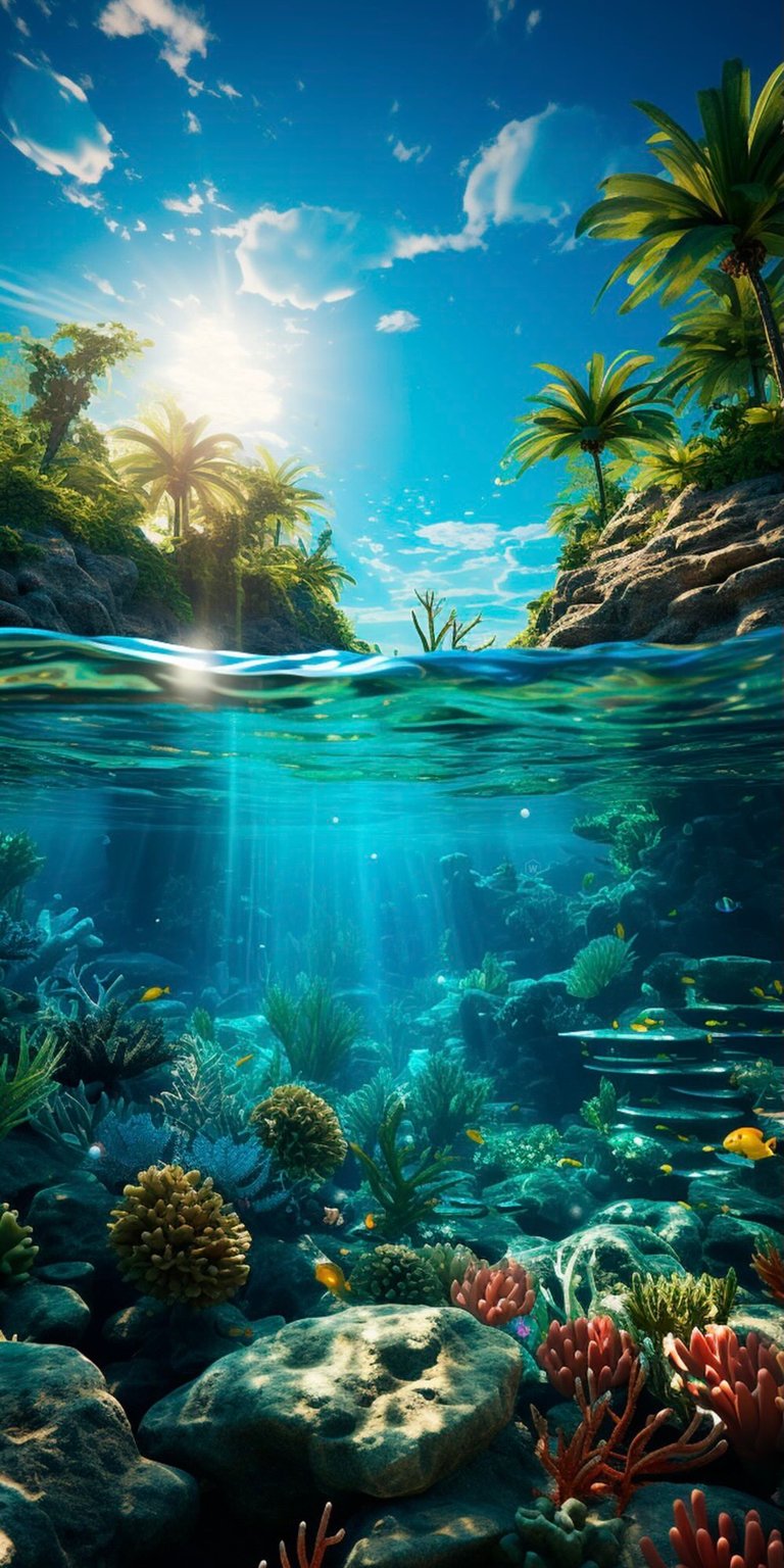 Tropical ocean reef 4K wallpaper in Aesthetic wallpapers style, showcasing a serene underwater scene with glowing sunlight and rich aquatic depth. This wallpaper is designed for iPhone, featuring vibrant blue tones, soft natural lighting, and a calm, immersive ocean mood that makes the wallpaper feel alive.