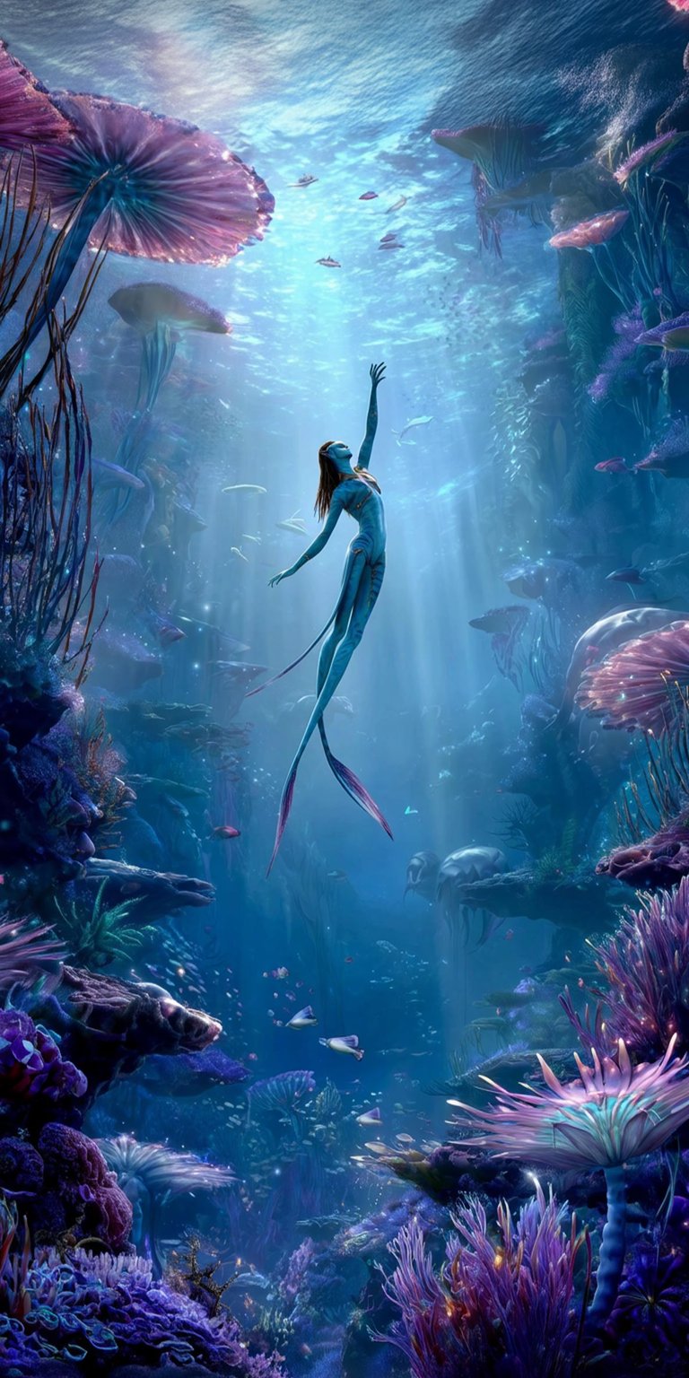 Immerse your iPhone in this captivating Avatar Neytiri 4K wallpaper, featuring the graceful Na'vi swimming beneath the bioluminescent coral reefs. This stunning wallpaper showcases the serene beauty of Pandora's underwater world, filled with floating fish and glowing flora.