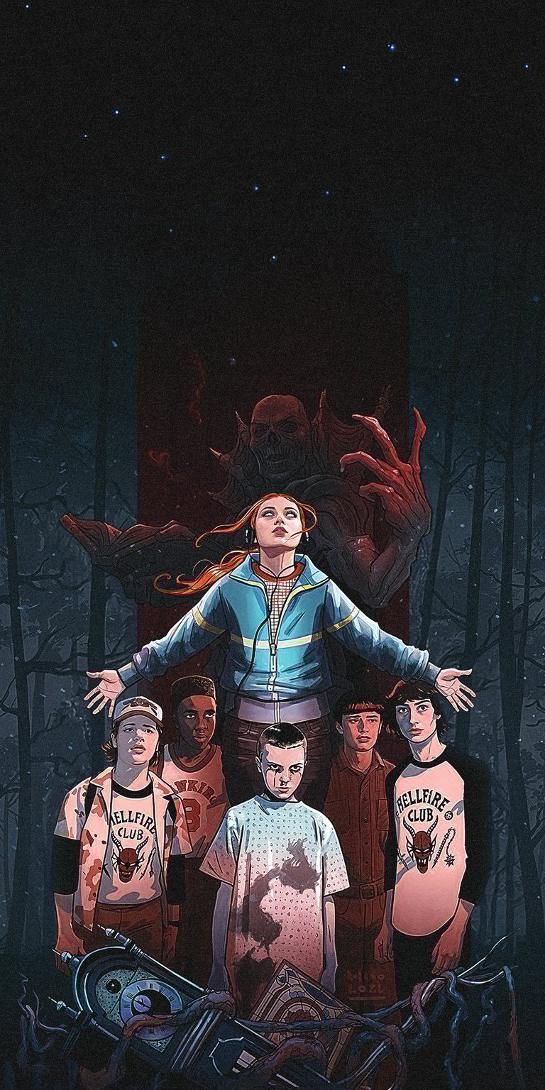Download this Stranger Things 4K wallpaper to give your iPhone a fresh, stylish look. Featuring Max with red hair, Hellfire Club shirts, and Vecna looming in the background, this wallpaper is a must-have.