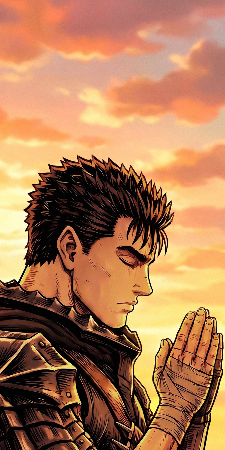 Download this Guts wallpaper in stunning 4K for your iPhone, displaying him with hands wrapped and clasped in prayer. This 4K wallpaper captures Guts against a vibrant sunset sky.