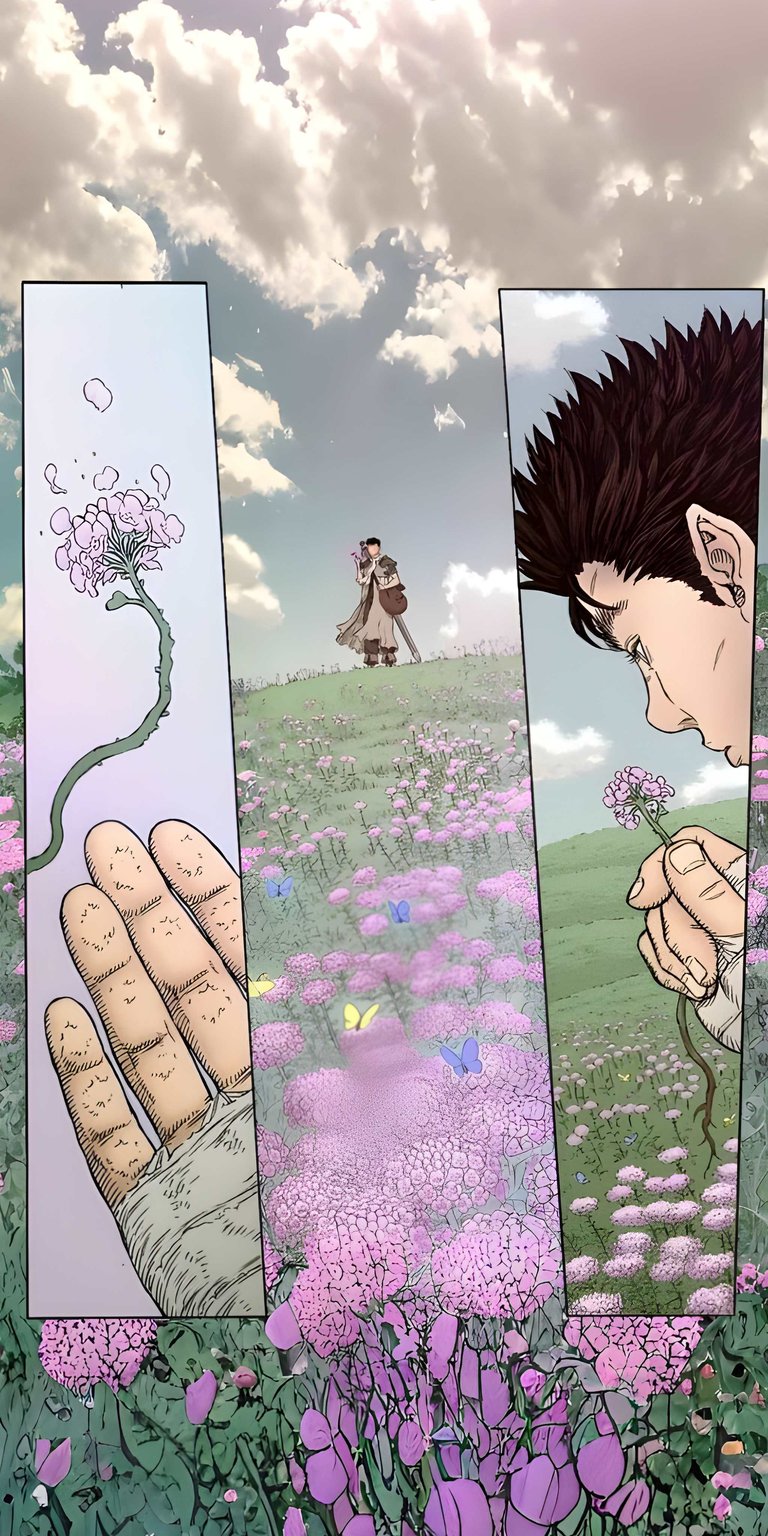 This Guts 4K wallpaper is perfect for your iPhone, showcasing a field of pink flowers, blue and yellow butterflies, and a close-up of Guts holding a flower. This wallpaper brings the serene beauty of Berserk to your mobile device.