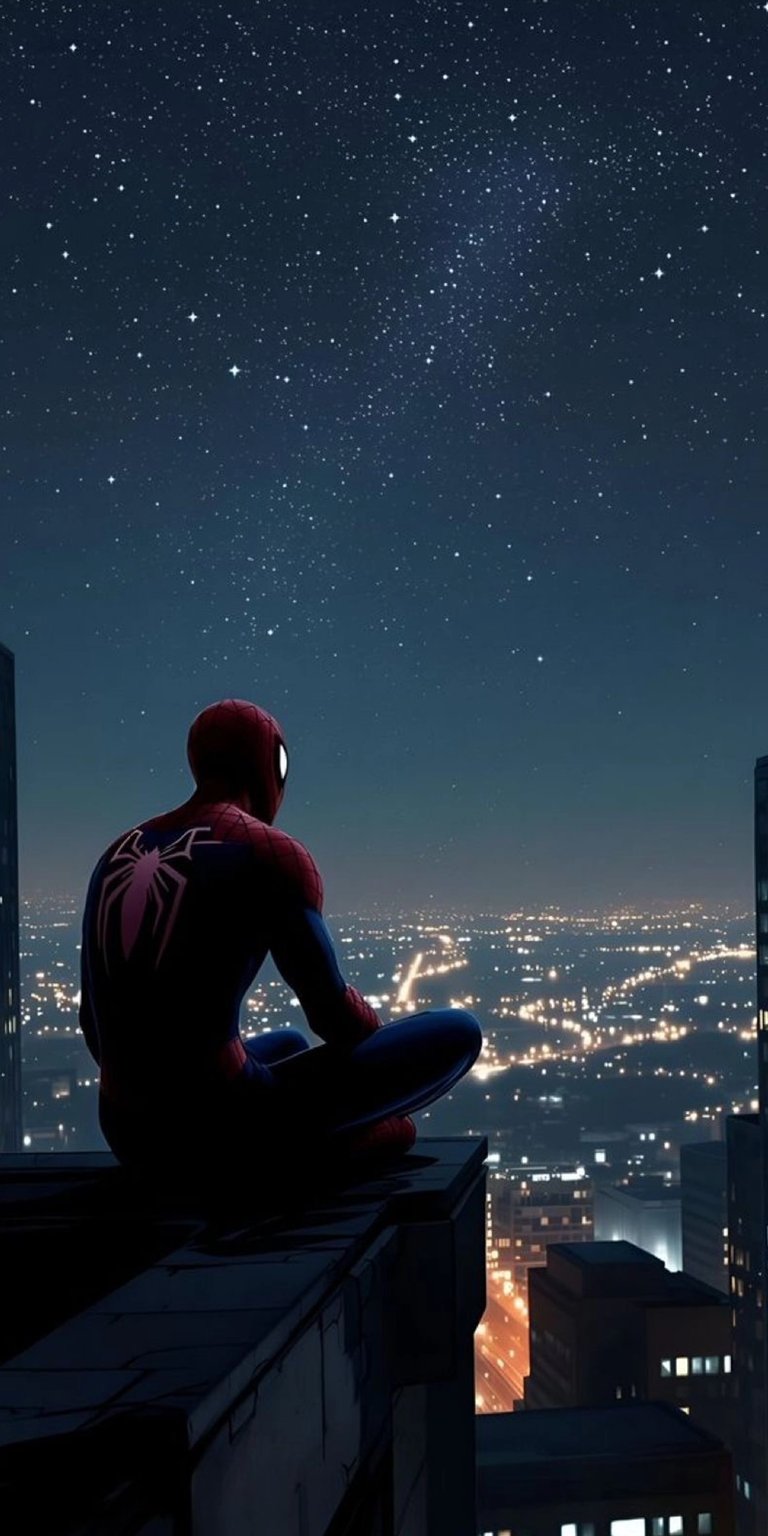 Download this Spiderman wallpaper in stunning 4K resolution for your iPhone. Gaze at the city lights, the dark sky, and Spiderman's classic suit as he surveys the world below.