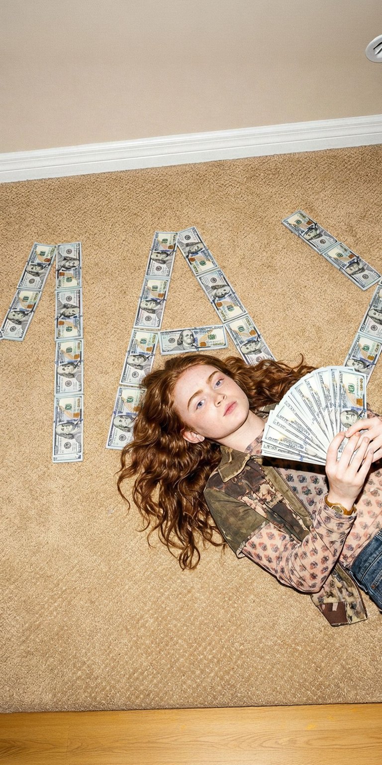 Download this Sadie Sink 4K wallpaper for your iPhone, showcasing her red hair and stylish ensemble. This unique wallpaper displays the word "TAX" formed from hundred dollar bills and Sadie holding a fan of cash.