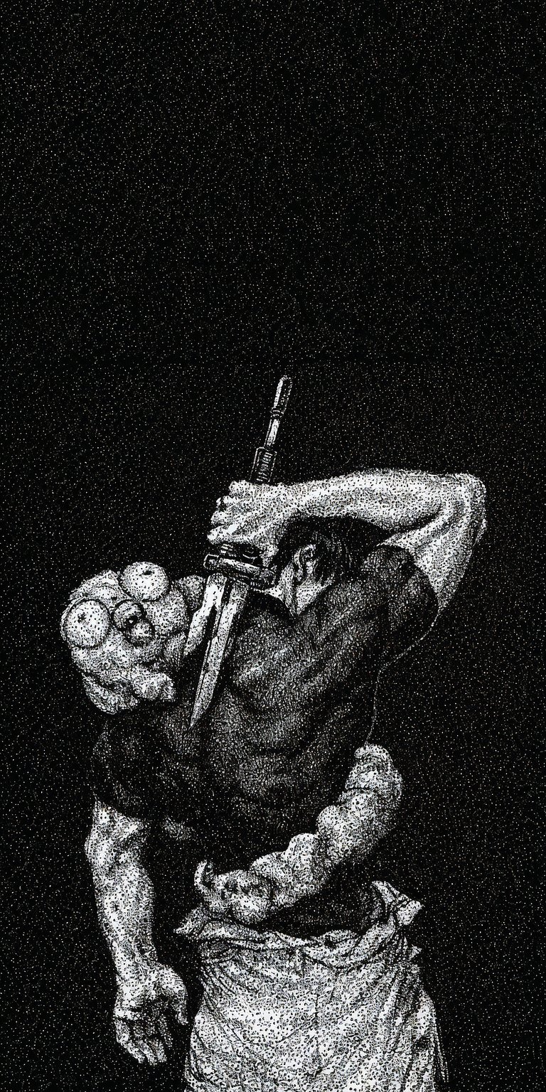 Download this intense Berserk 4K wallpaper for your iPhone, showcasing a character plunging a sword into another's head, set against a stippled black background. This striking wallpaper captures the raw emotion and dark themes of the series.