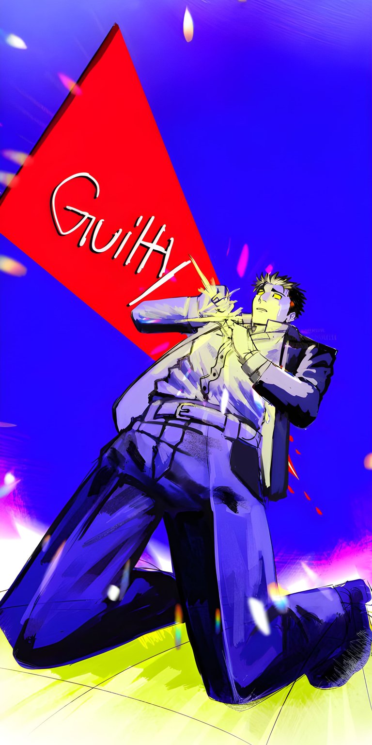 Download this stunning Guilty 4K wallpaper for your iPhone, showcasing a man clutching his chest, set against a backdrop of a red triangle with the word "Guilty" and colorful light flares. This wallpaper features striking color contrasts and dynamic pose.