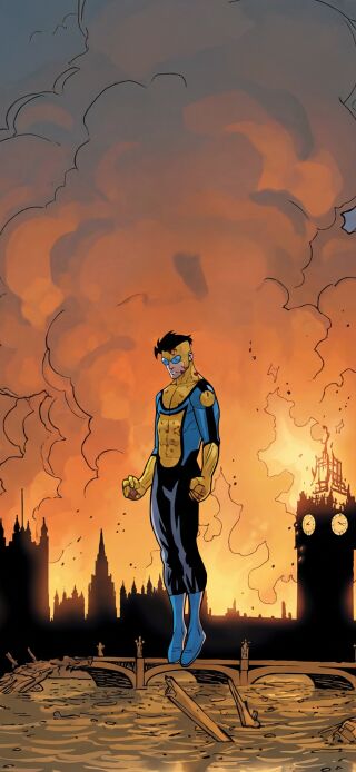 This 4K Invincible wallpaper depicts a striking scene for your iPhone. Featuring an orange sky, destroyed Big Ben, and Invincible himself, this wallpaper makes an incredible addition to your wallpaper collection.