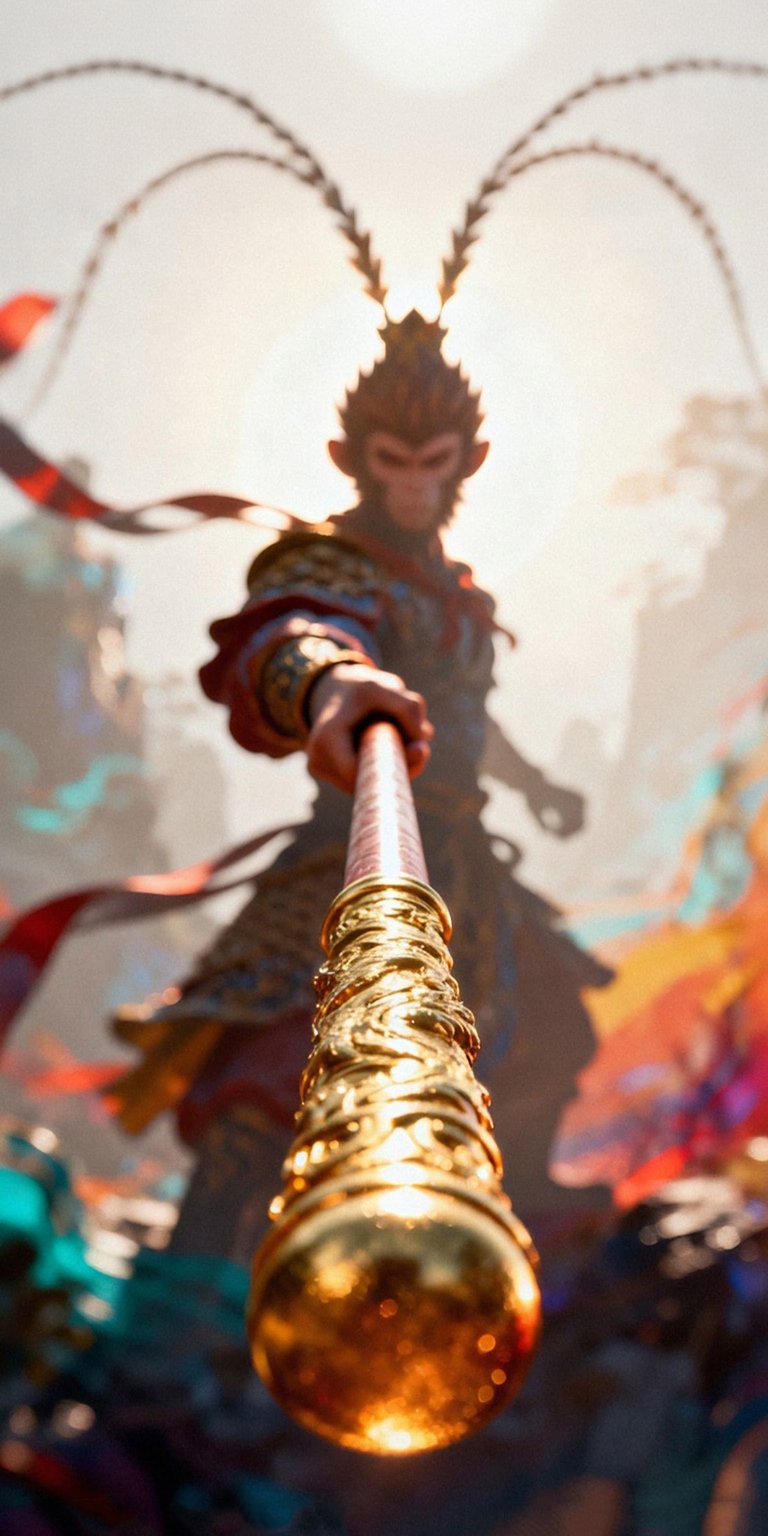 Download this dynamic Sun Wukong wallpaper in stunning 4K for your iPhone. The detailed staff, monkey fur, and wispy ribbons create a visually arresting wallpaper.