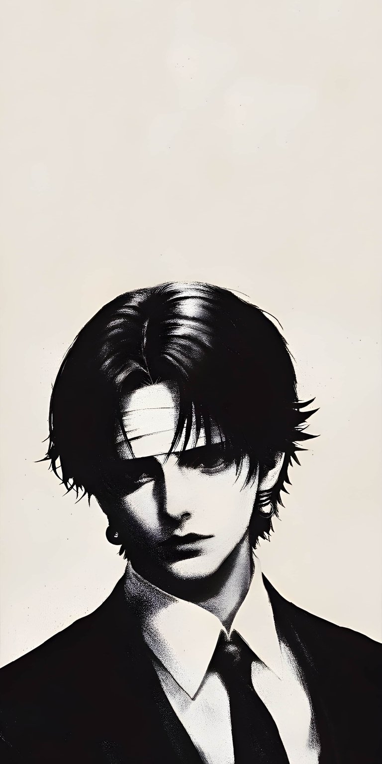 This Chrollo Lucilfer 4K wallpaper is perfect for your iPhone, showcasing his slicked back hair and striking bandage detail. The wallpaper's sharp monochrome tones highlight his piercing gaze and formal attire.