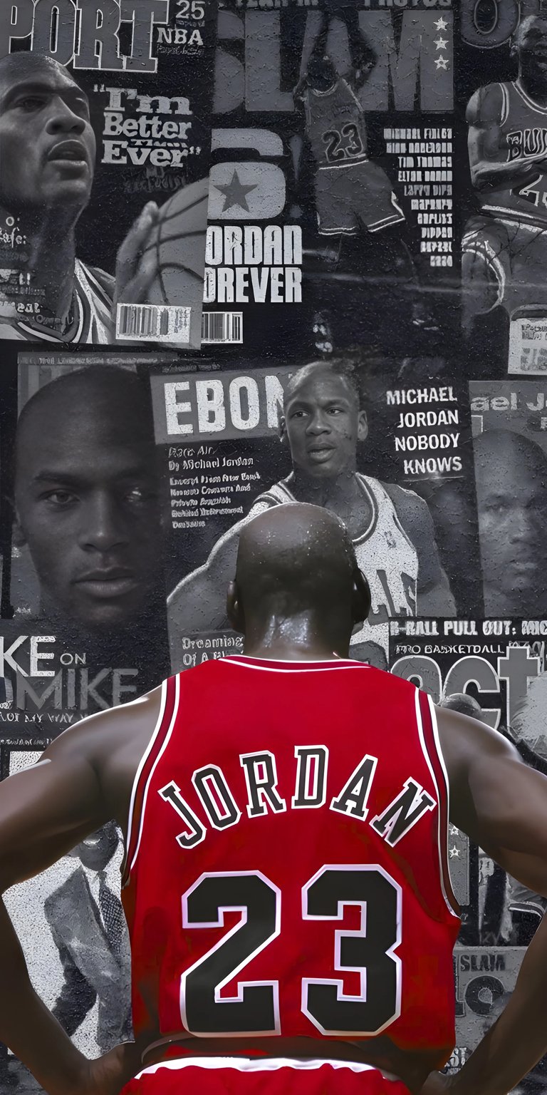 Download this stunning Michael Jordan wallpaper in 4K for your iPhone. This wallpaper features MJ in his iconic #23 jersey in front of a background of vintage magazine covers.