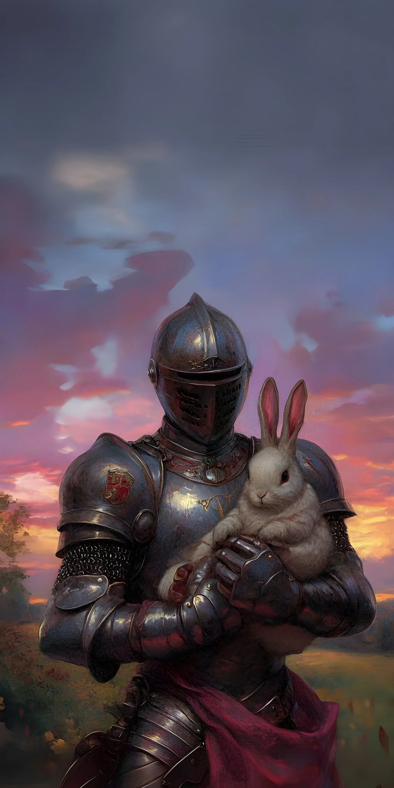 Download this captivating Knight and Rabbit 4K wallpaper for your iPhone, featuring a knight in shining armor holding a fluffy white rabbit against a stunning pink and purple sky. This wallpaper showcases intricate armor details and a vibrant sunset backdrop.