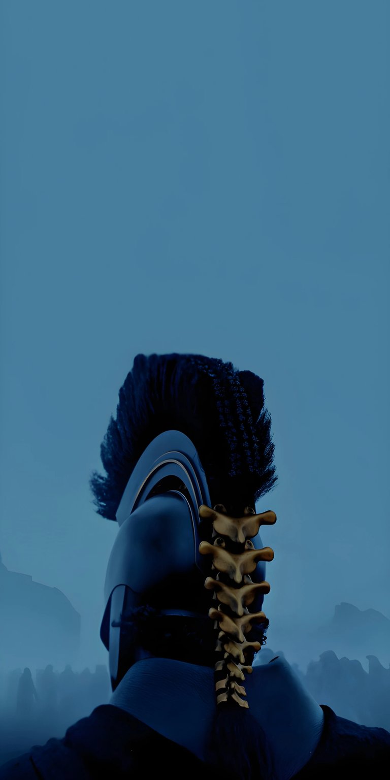 Channel the strength of ancient history with this Spartan warrior 4K wallpaper featuring a majestic plumed helmet and golden spinal detail. This cinematic wallpaper for iPhone offers a minimalist blue-toned aesthetic that highlights the brave silhouette of a Greek soldier.