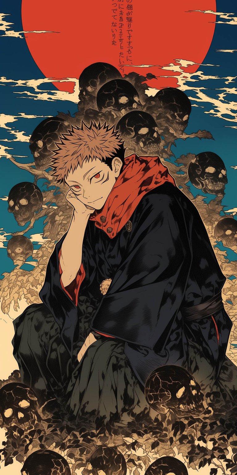 This 4K wallpaper features Yuji Itadori in a stylized Ukiyo-e aesthetic sitting amongst dark skulls. Perfect for an iPhone lock screen, this background uses a striking red sun and high-contrast earth tones to create a dark, cinematic mood.