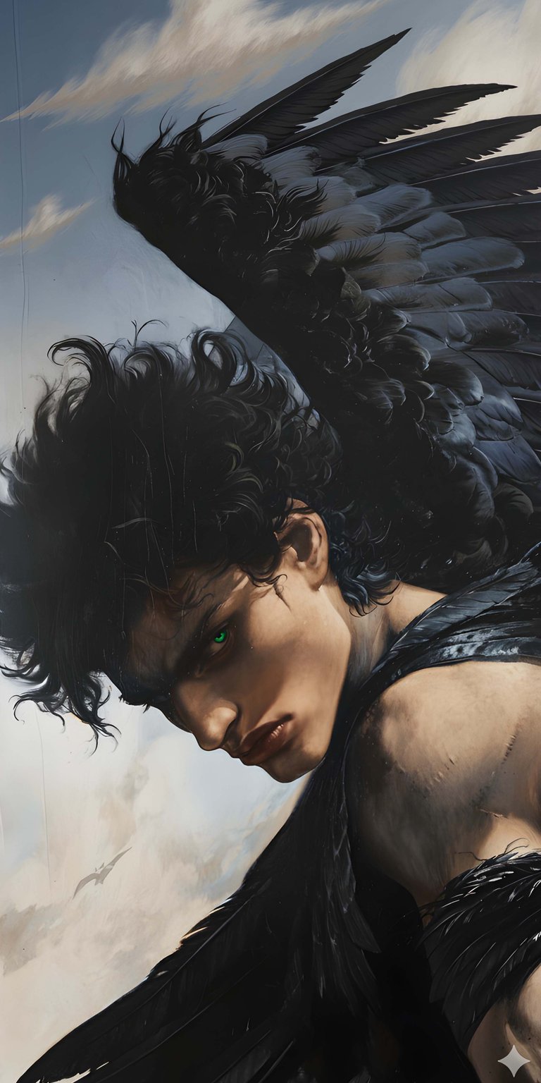 Lucifer 4K wallpaper featuring dark feathered wings, glowing green eyes, and dramatic shadow lighting. This wallpaper looks intense on iPhone and fits perfectly into dark aesthetic wallpapers with its moody fantasy style.