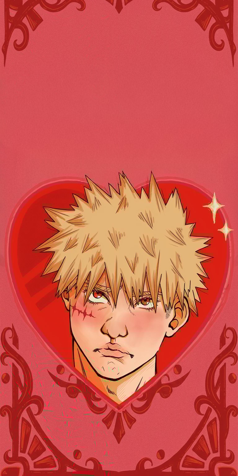 Adorn your iPhone with this striking Bakugo 4K wallpaper. This wallpaper features sharp, blonde hair, a prominent scar, and decorative heart.
