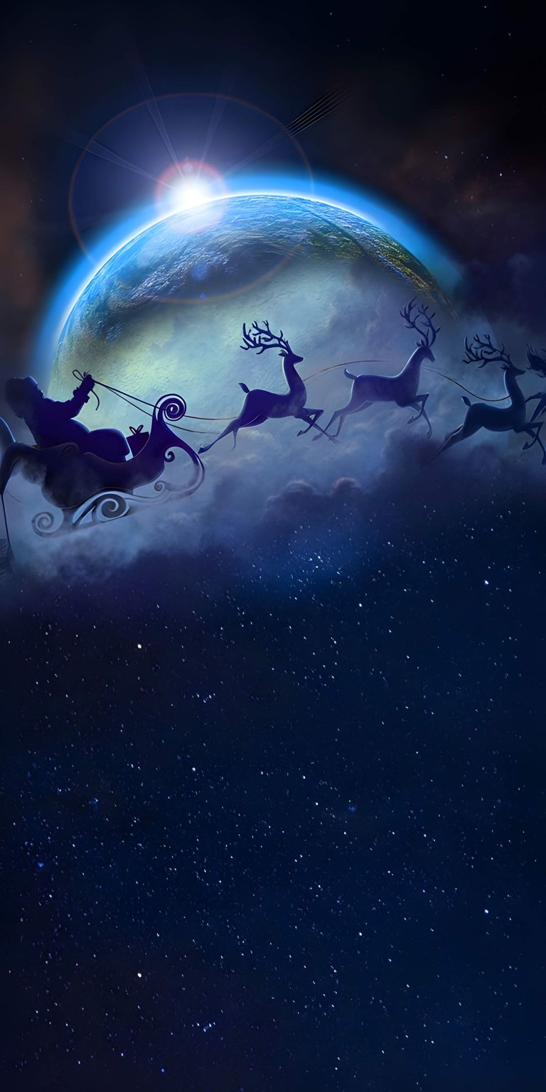 Download this festive Santa Claus 4K wallpaper for your iPhone! Featuring Santa in his sleigh with reindeer silhouetted against a starry night sky and a glowing Earth, this wallpaper will bring the holiday spirit to your device.