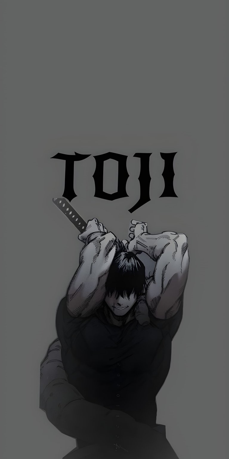 Download this Toji Fushiguro 4K wallpaper for your iPhone, showcasing his muscular physique and the sword held behind his head. This awesome wallpaper captures the intensity of the Jujutsu Kaisen character.