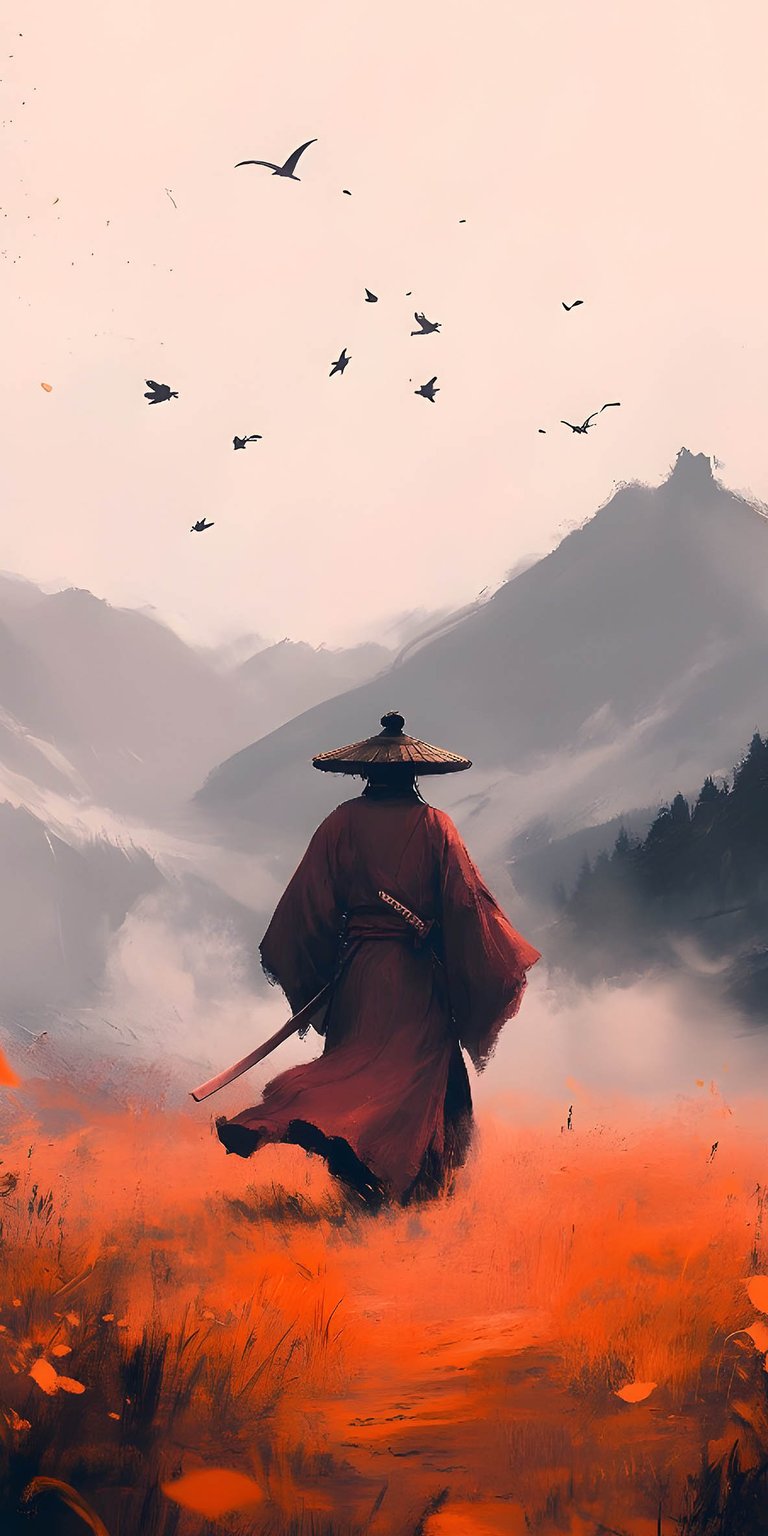 Elevate your iPhone with this atmospheric 4K wallpaper of a wandering warrior traversing a misty mountain landscape. This mobile wallpaper features painterly strokes, a red-on-grey palette, and cinematic depth-of-field effects.