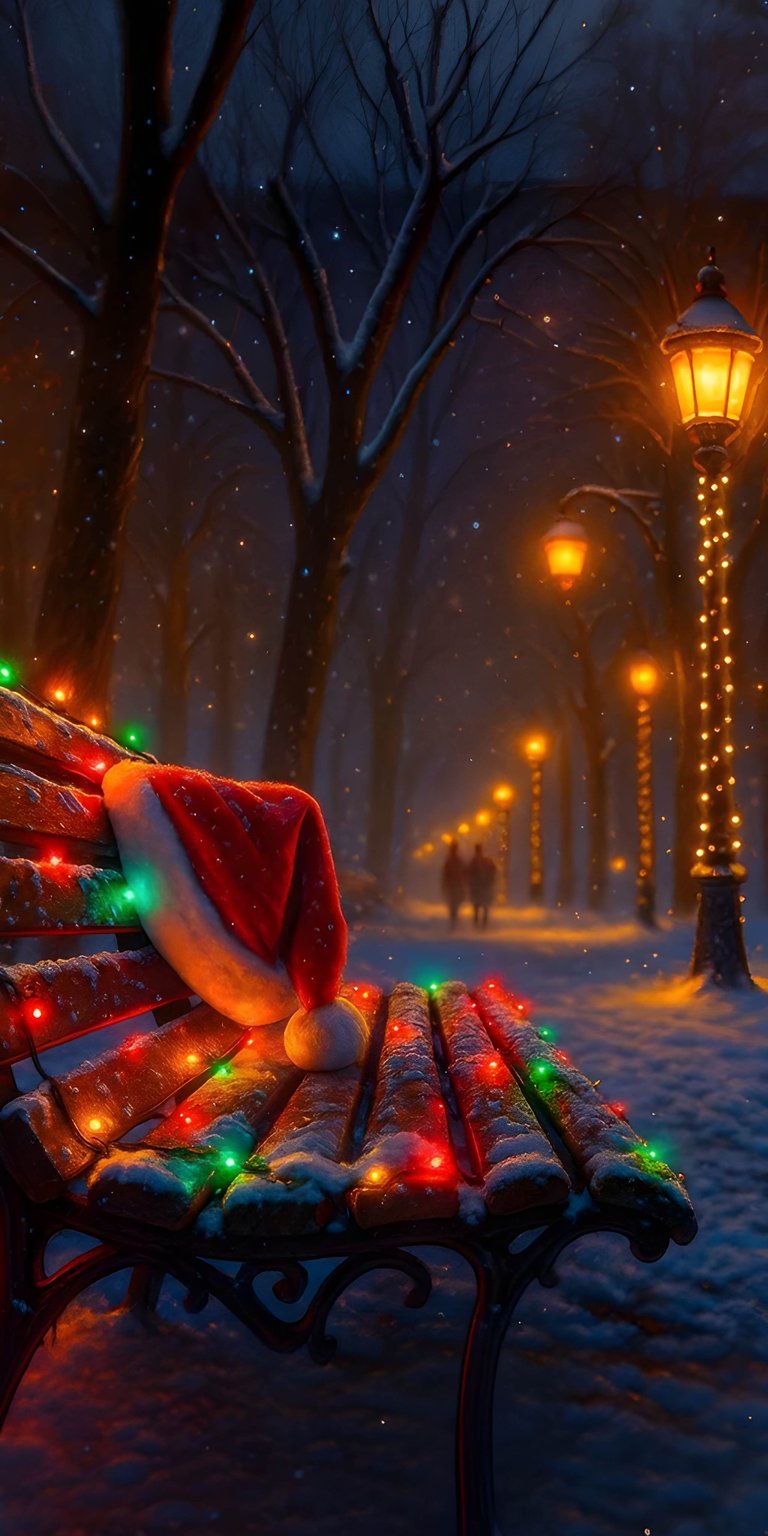 A serene and magical winter scene featuring a snow-covered park bench adorned with a classic red Santa hat. Warm golden light spills from vintage street lanterns onto a path of fresh snow, creating a cozy and festive atmosphere. Ideal for those who love the holiday spirit and the quiet beauty of a winter wonderland.