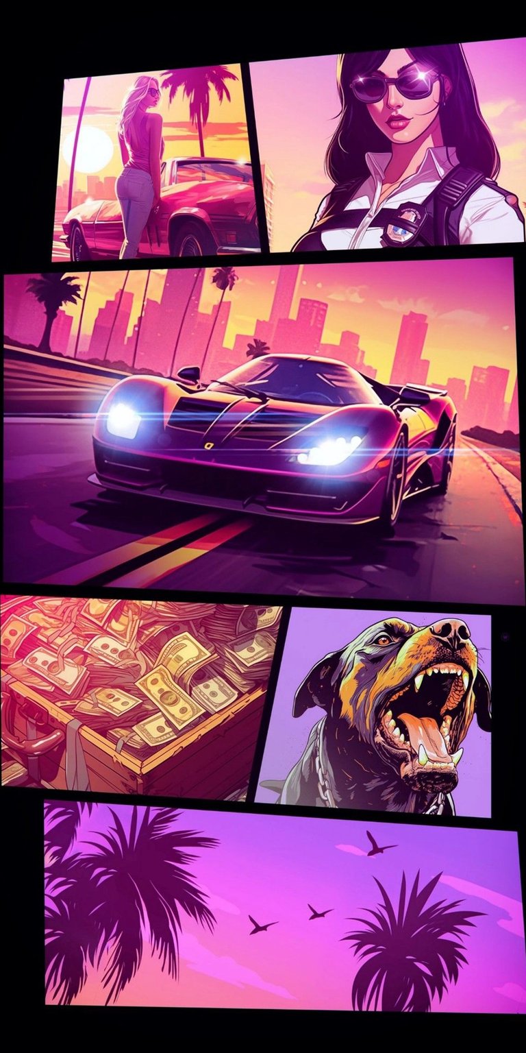 Get this awesome GTA VI inspired 4K wallpaper for your iPhone! The wallpaper shows a blonde by a red car, a sleek sportscar speeding through a city, and a box of cash.
