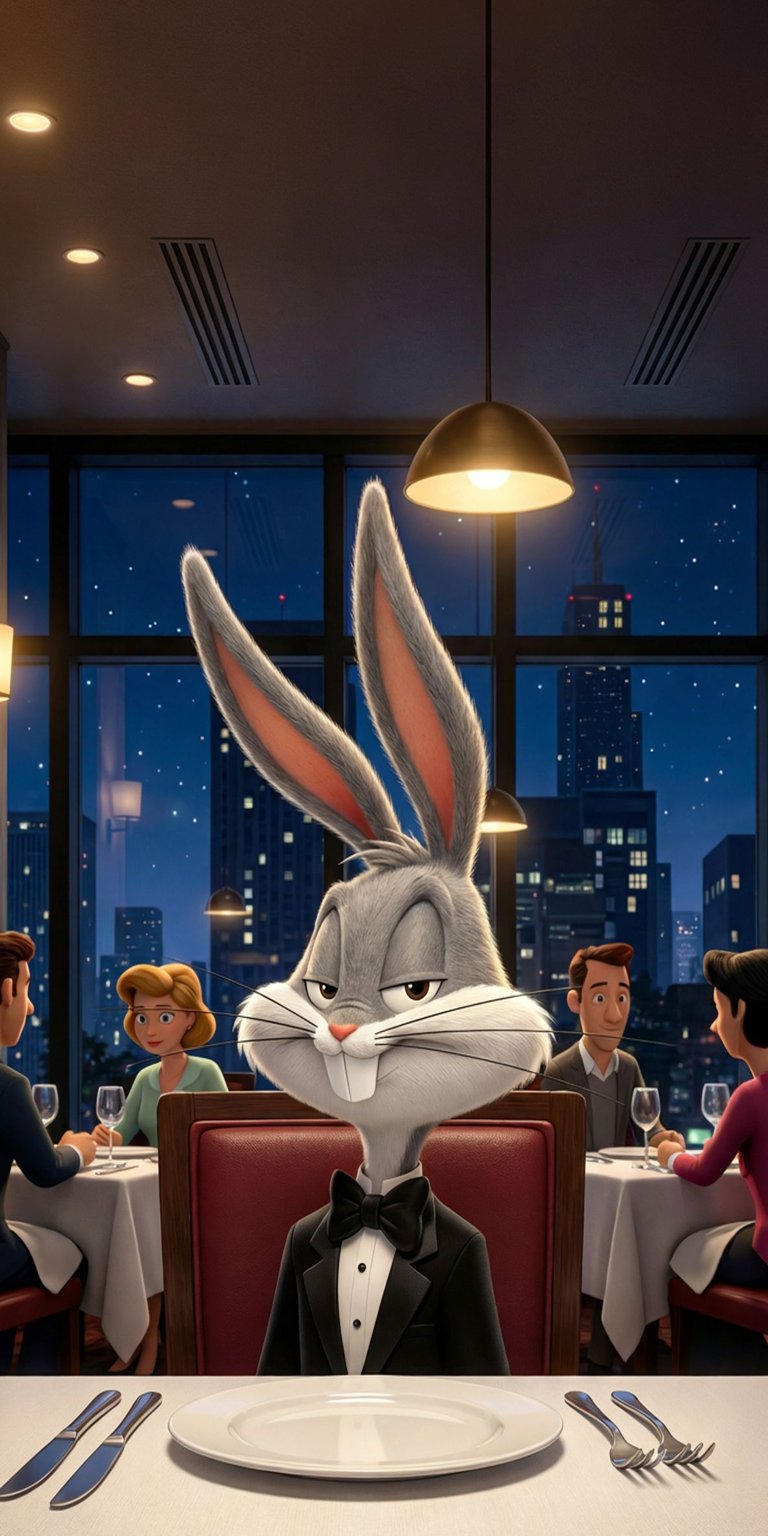 A sophisticated 4K wallpaper featuring the world’s most famous rabbit, Bugs Bunny, dressed to the nines in a classic black tuxedo. Set in a dimly lit, high-end restaurant with a glittering city skyline in the background, this 3D-style animation captures a suave and elegant side of the Looney Tunes icon. Ideal for fans who appreciate high-fidelity character renders and a touch of class.