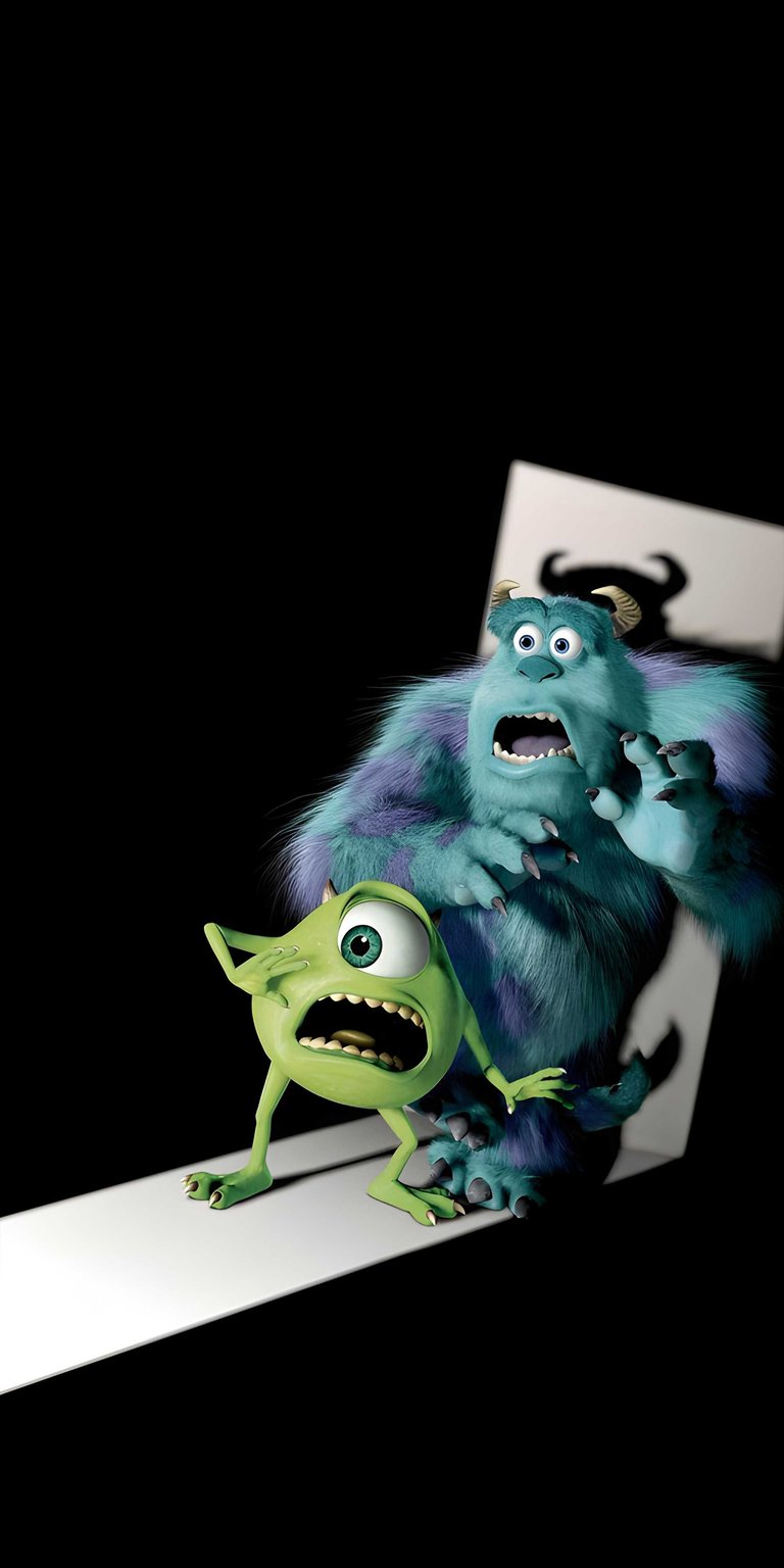 This 4K OLED wallpaper features Mike and Sulley in a panicked pose against a deep true-black background perfect for saving battery on your iPhone. This high-contrast character wallpaper highlights vibrant green and blue textures with cinematic lighting.