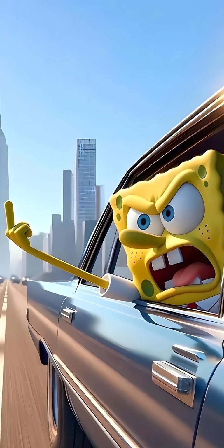 Get this hilarious Spongebob 4K wallpaper for your iPhone! This wallpaper features Spongebob driving a blue car with a city backdrop and his middle finger out the window.