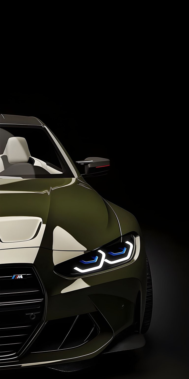 This high-contrast OLED wallpaper features the aggressive front fascia of a green BMW M4 Competition against a deep black background. Optimized for iPhone, this wallpaper showcases sharp LED DRLs and sleek metallic reflections for a premium automotive look.