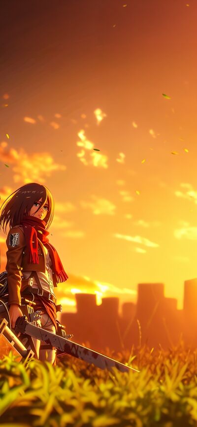 Enhance your iPhone screen with this stunning 4K wallpaper featuring Eren and Mikasa with a view of orange sky. This matching wallpaper also showcases leaves falling in the wind and a sword, perfect for two people who want to share a connection through their devices.