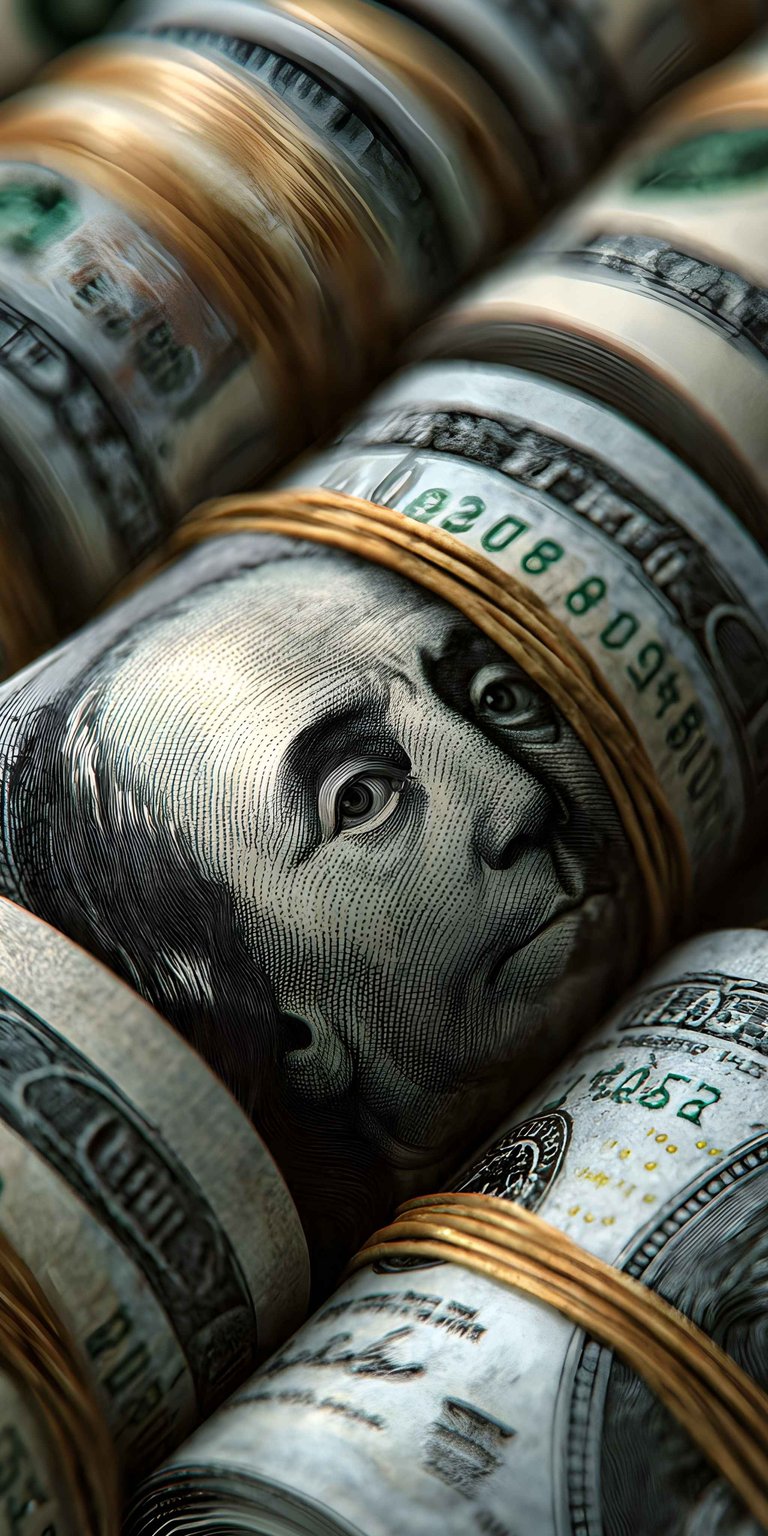 This premium 4K wallpaper features a high-detail close-up of rolled United States hundred-dollar bills secured with rubber bands. It is a sleek aesthetic wallpaper for your iPhone that emphasizes textures of currency paper and metallic ink under cinematic lighting.