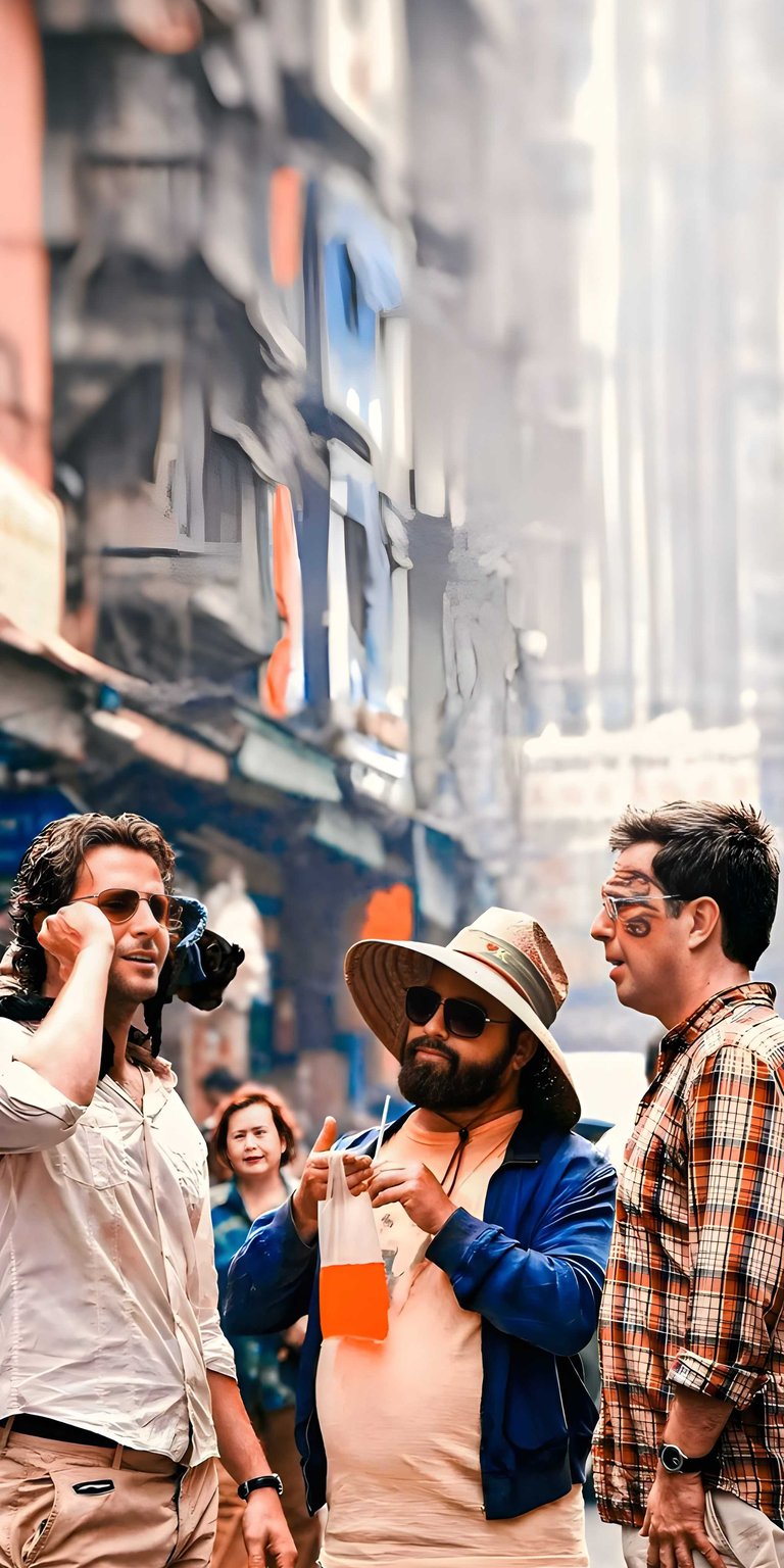 This cinematic movie wallpaper features the main trio in a crowded Bangkok street, capturing the chaotic and humid atmosphere of the film. Perfect for an iPhone lock screen, this high-quality 4K wallpaper highlights detailed textures like the character's facial tattoo and colorful street background.