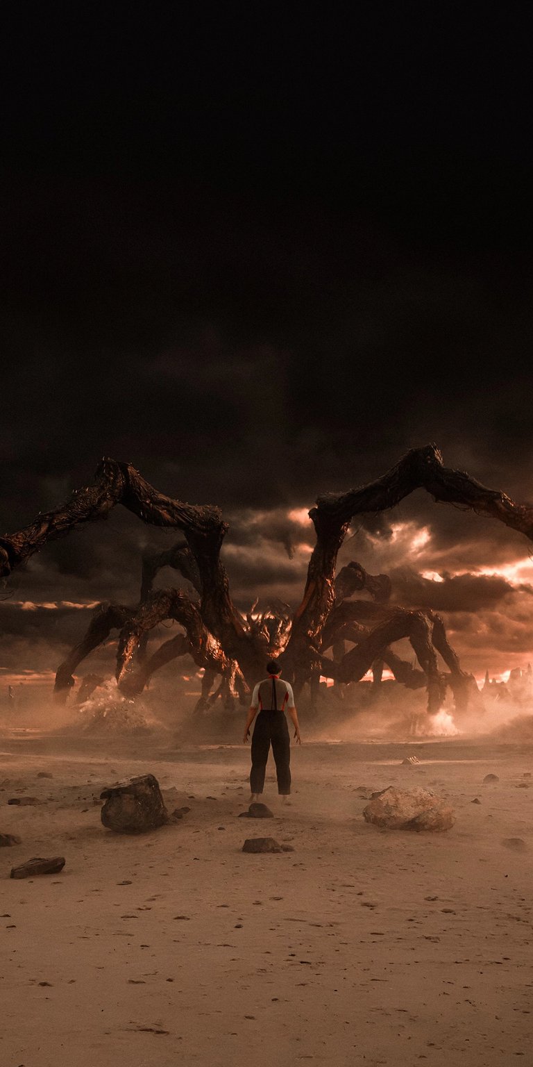 Download this Vecna 4K wallpaper for your iPhone and witness the chilling scene with the ominous figure against a stormy sky. This incredible wallpaper captures the creature in a barren landscape with a lone figure standing defiantly before it.