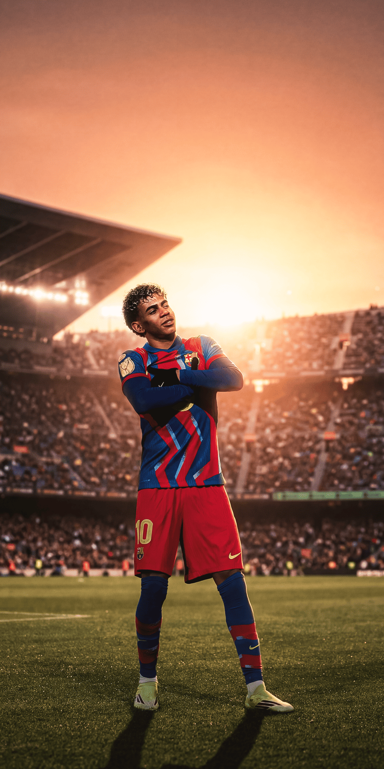 An aesthetic wallpaper featuring Gavi in the classic red and blue stripes of FC Barcelona. This 3D wallpaper captures the midfielder in a moment of focus on the pitch, making it a bold choice for any iPhone.